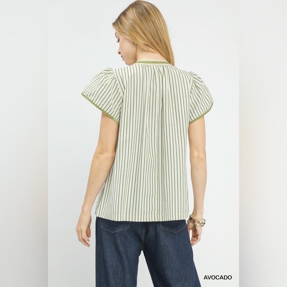 Umgee V-Neck Stripe Embroidered Top with Lace Trim - Picture 6 of 9